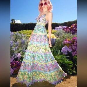Alice + Olivia Karolina Tie Front Tiered Tassel Maxi Dress in Coastal Pastels